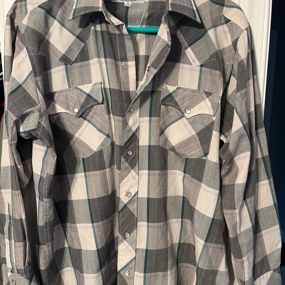 Vintage Men's Plaid Western Button-Up Shirt Green/Purple/Gray